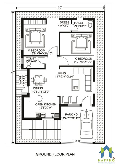 Floor Plan 1200 Sq Ft House 30x40 Bhk 2bhk Happho Vastu Complaint 40x60