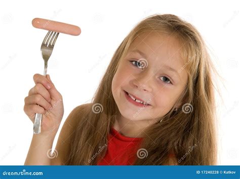 Girl Eating Sausage Stock Photo Image Of Cute Delicious 17240228