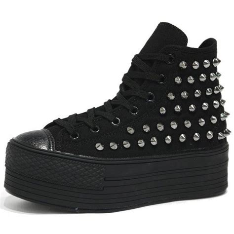 Womens Black Studded Canvas Zipper Platform High Top Sneakers Ankle