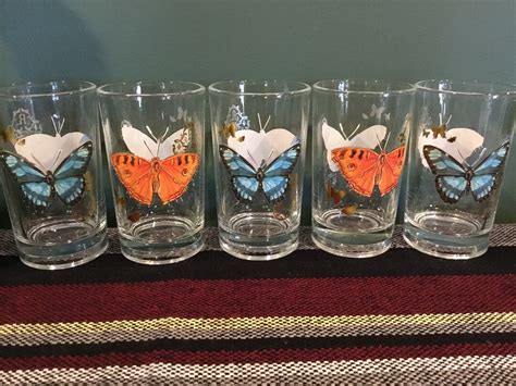 Vintage Butterfly Drinking Glasses Set Of Five Blue And Etsy