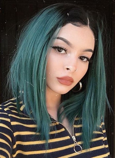 Dark Green With Dark Roots Straight Bob Lace Front Synthetic Wig Lf819