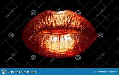 Womans Golden Lips Close Up Isolated Background Gold Mouth Stock Image Image Of Abstract