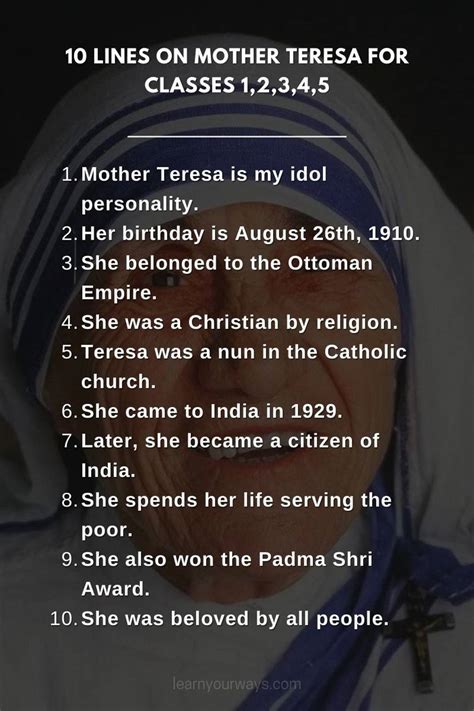 10 Lines On Mother Teresa For Classes 1 2345 Filo