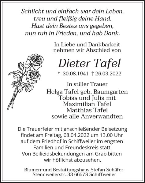 traueranzeigen von dieter tafel saarbruecker zeitung trauer de