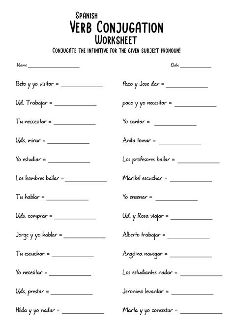 Free Printable Spanish Verb Conjugation Worksheets Printable Templates