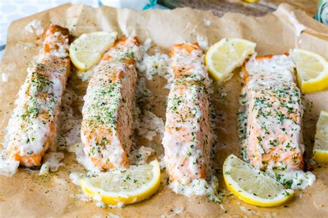 Oven Baked Salmon With Lemon Cream Sauce For A Simple
