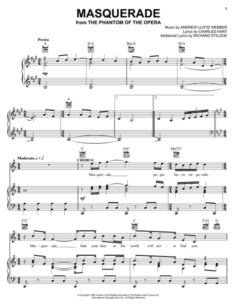 Best of the phantom of the opera sheet music pdf & video performance. Masquerade (from The Phantom Of The Opera) Sheet Music | Andrew Lloyd Webber | Piano, Vocal ...