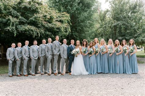 Dusty Blue Wedding Bridesmaids Dresses Grey Suits Groomsmen Dusty