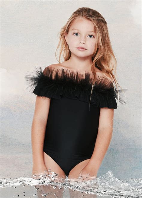 Black Draped Swimsuit With Tulle For Girls Girls Bathing Suits