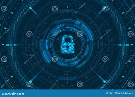 Blue Light Data Lock Icon And Circle Hud Digital Screen On Dark