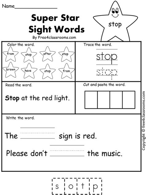 Free Sight Word Worksheet Stop Free Worksheets Free4classrooms