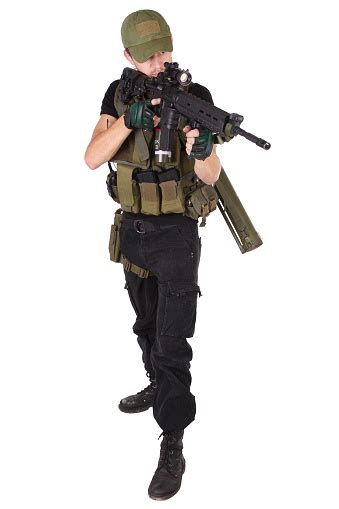 Private Military Contractor Rifleman With Assault Rifle Isolated On