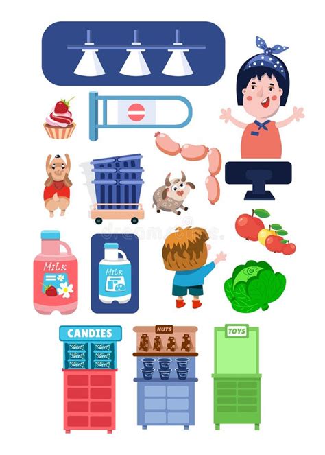 Set Cartoon Characters Food Market Items Vector Colored Isolated