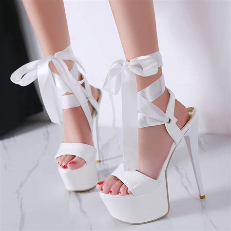 White Stiletto High Heels With Ribbon Lace Ups