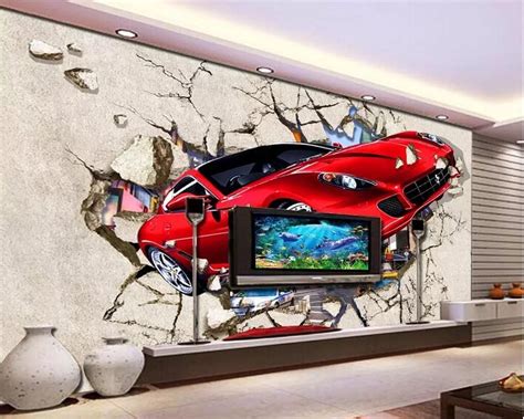 Beibehang Custom Wallpaper 3d Mural Car Broken Wall Out Tv Background