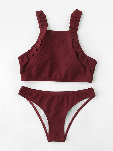 Shop Ruffle Detail Ribbed Bikini Set Online Shein Offers Ruffle Detail