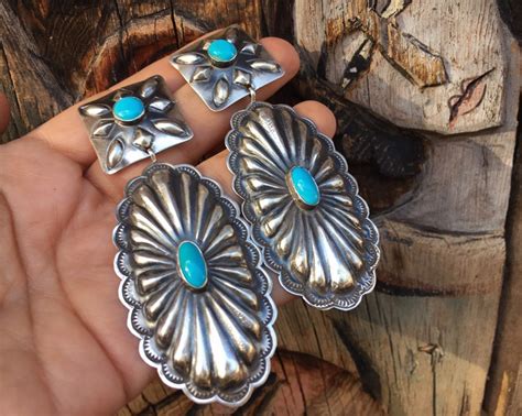 Big Sterling Silver Concho Turquoise Earrings For Women Native