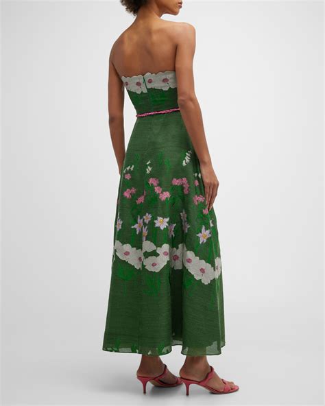 Lela Rose Strapless Floral Applique Midi Dress With Self Tie Belt