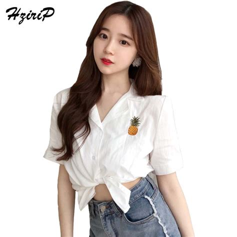 Hzirip 2018 New Summer Women Blouse Fashion Pineapple Solid Embroidery Short Sleeved Loose Shirt