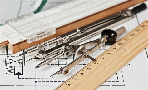 Engineering Tools On Technical Drawing Stock Photo Colourbox