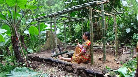 Primitive Technology Ethnic Girl Building A Bamboo House With