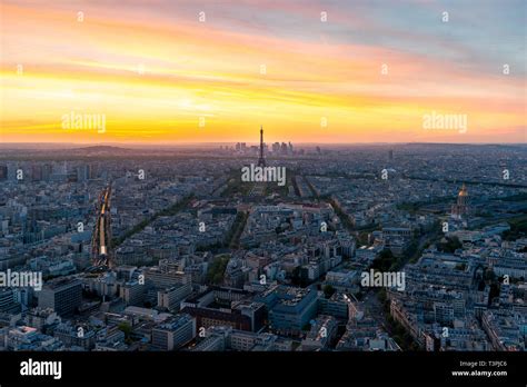 Aerial View Of Paris And Eiffel Tower At Sunset In Paris France Stock