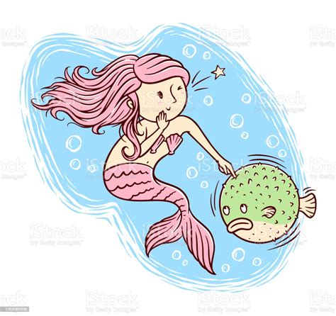 Mermaids And Pufferfish Vector Illustration Stock Illustration