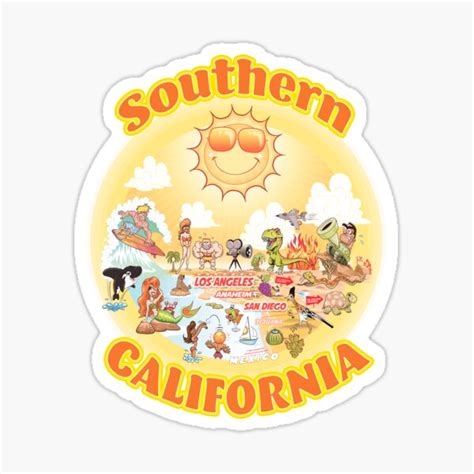 Sunny Cartoon Map Of Southern California Sticker By Lines Redbubble
