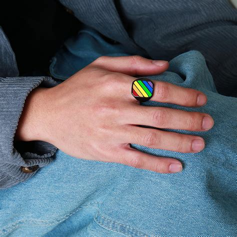 Black Flat Top Slanted Gay Pride Flag Gay And Lesbian Pride Ring Black Stainless Steel Ring