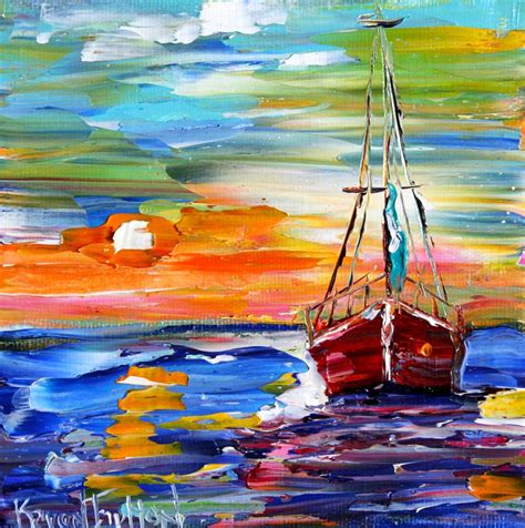 Sailboat At Sunset Print Made From Image Of Past Oil Painting By Karen