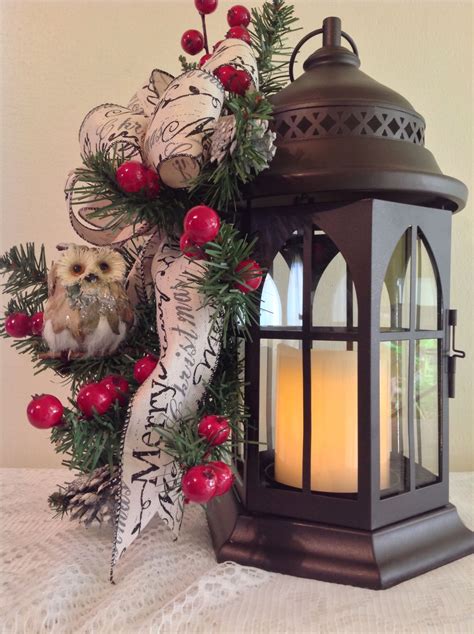 Metall Lantern 4 Candle Owl Merry Christmas Bow Red Berries Small