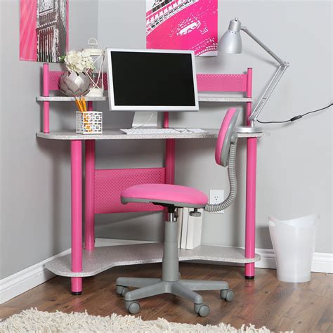 Cute White Color Scheme Kids Girls Study Space Design With Pink Study
