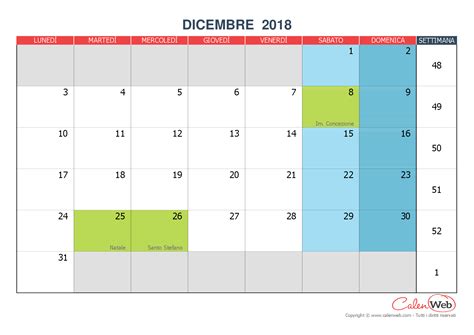 Calendario Mensile Mese Di Dicembre 2018 Con Le Festività Italiane