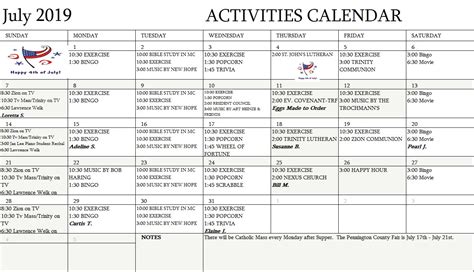 Assisted Living Monthly Activities Calendar
