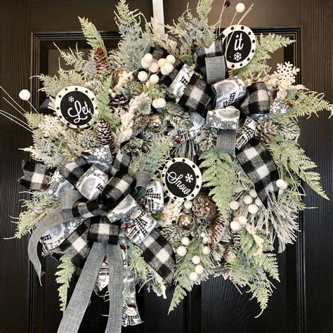 Black And White Buffalo Plaid Christmas Snowy Pine Wreath Etsy