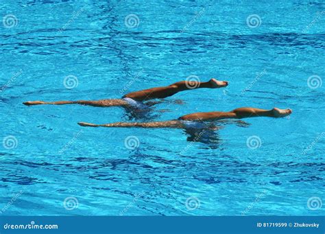 Synchronized Swimming Duet During Competition Stock Image Image Of