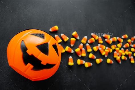 Candy Corn Candies Spilled Out Of Pumpkin Basket Traditional Sweets