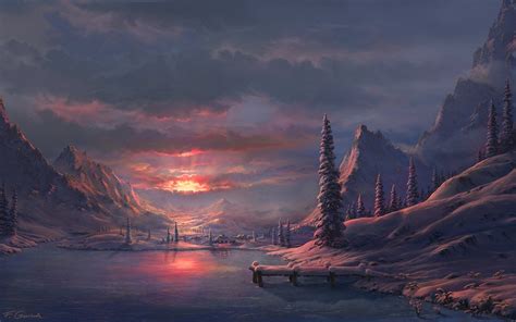 Drawing Sunset Snow Winter Trees Mountains Clouds Hd Wallpaper Art