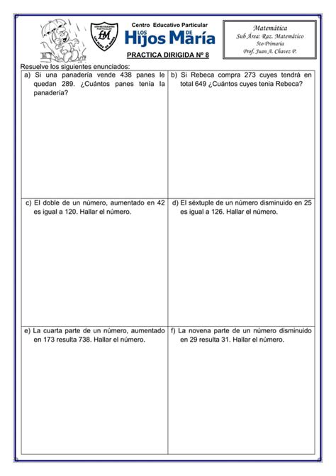 Ejercicios De Planteo De Ecuaciones Para 5to De Primaria Pdf