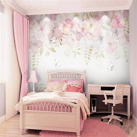 Watercolor Pink Flowers Wallpaper Wall Mural Hanging Branch Etsy