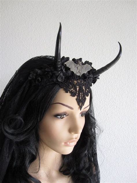 Gothic Horned Headdress Headband Headpiece Fascinator Horns Roses Bat
