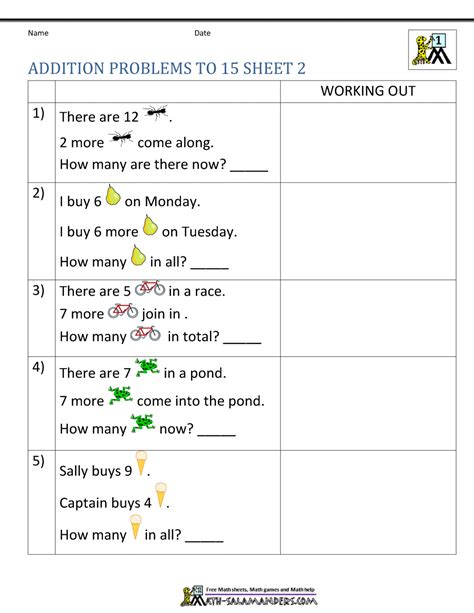 On wednesday you saw 12 robins on one tree and 7 on another tree. Addition Word Problems 1st Grade Worksheets | Worksheet Hero