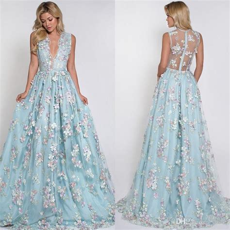 Mint Blue Sexy 3d Floral Appliqued Prom Dresses Long Deep V Neck Party