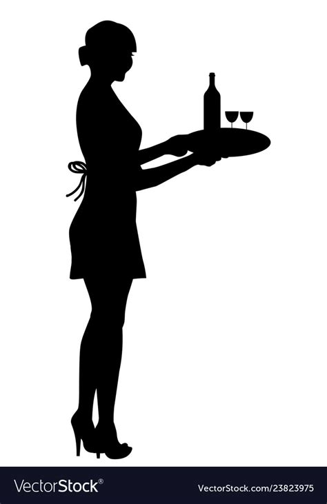 Waitress Silhouette Holding A Tray With Wine Vector Image