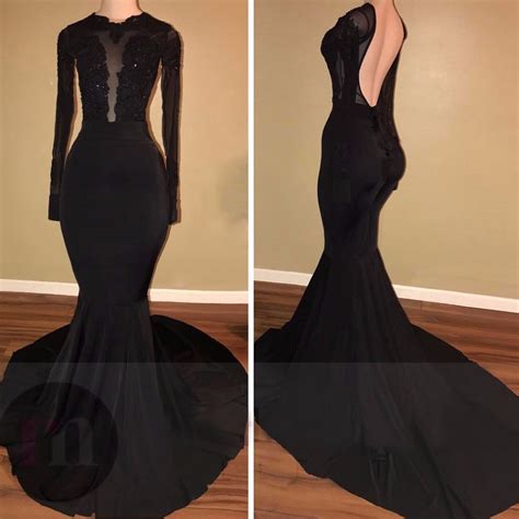 Custom Made 2017 Backless Black Long Sleeve Prom Dress For Black Girls Sheer Lace Satin Beaded