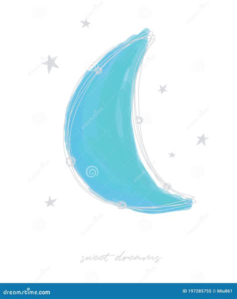 Sweet Dreams Blue Hand Drawn New Moon And Gray Sketches Stars Isolated