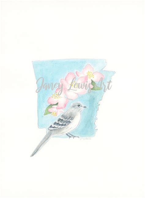 Arkansas State Bird And Flower Watercolor Print Mockingbird And Apple