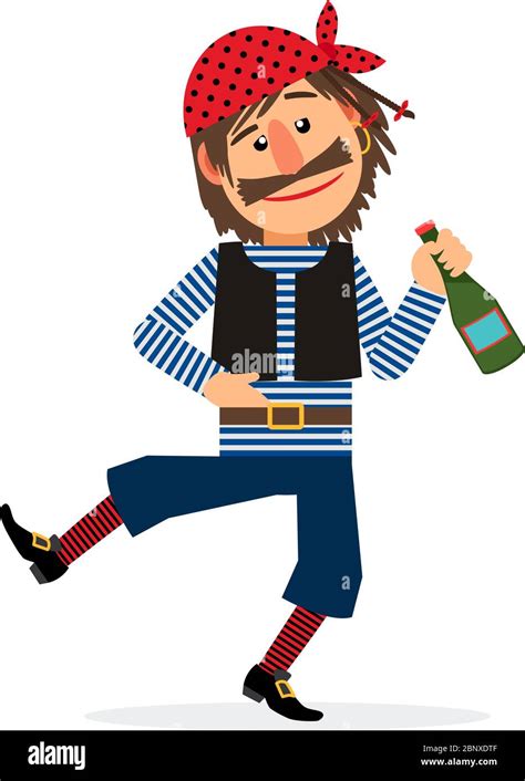 Pirate Jolly Dancing And Holding The Bottle Of Rum Cartoon Character On