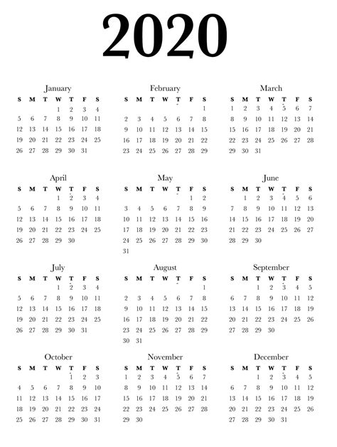 Year Calendar 2020 Print Out In 2020 Yearly Calendar Template