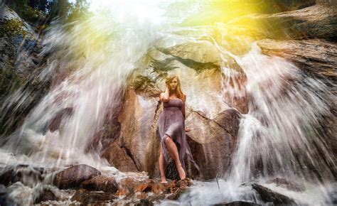 Free Photo Woman In Gray Strapless Long Dress Standing Under Waterfalls River Woman Wet
